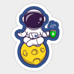 Astronaut Yoga On Moon With Coffee Cartoon Sticker